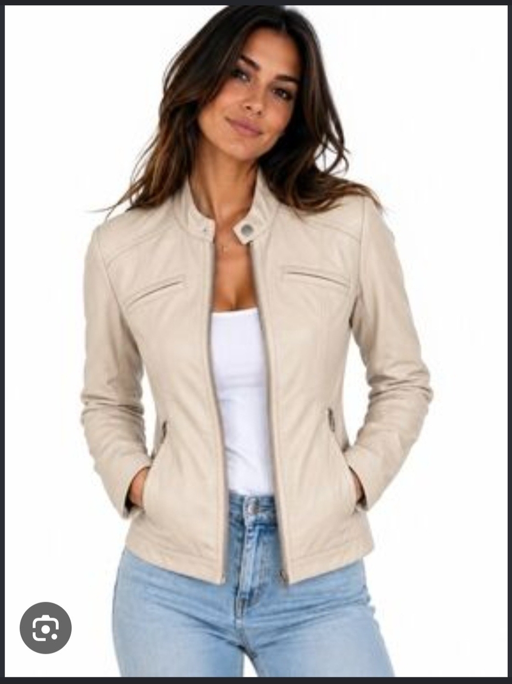 Guess Mandarin Collar Faux Leather Moto Jacket Cream Jacket